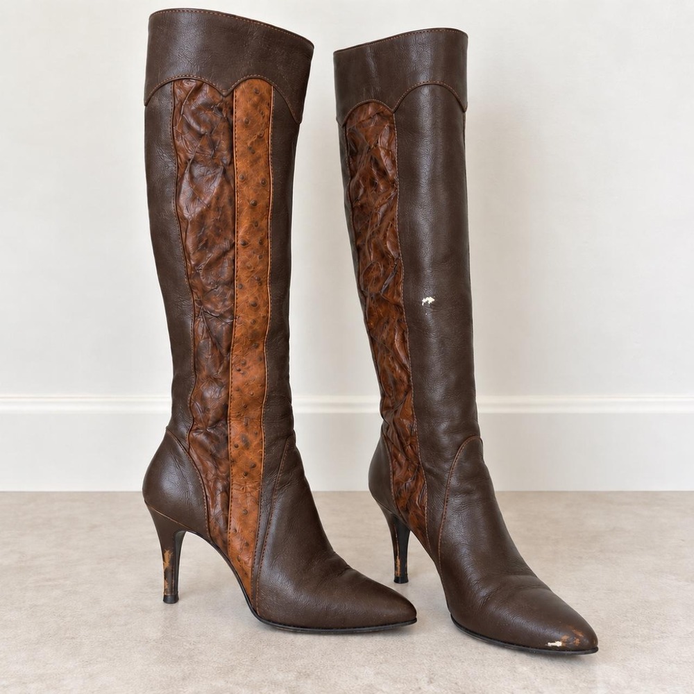 Brown Patchwork Knee-High Boots — Size 6